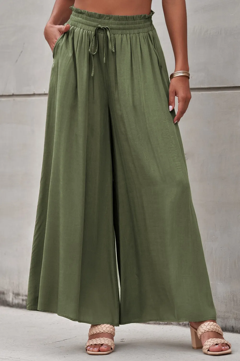 Drawstring Smocked High Waist Wide Leg Pants