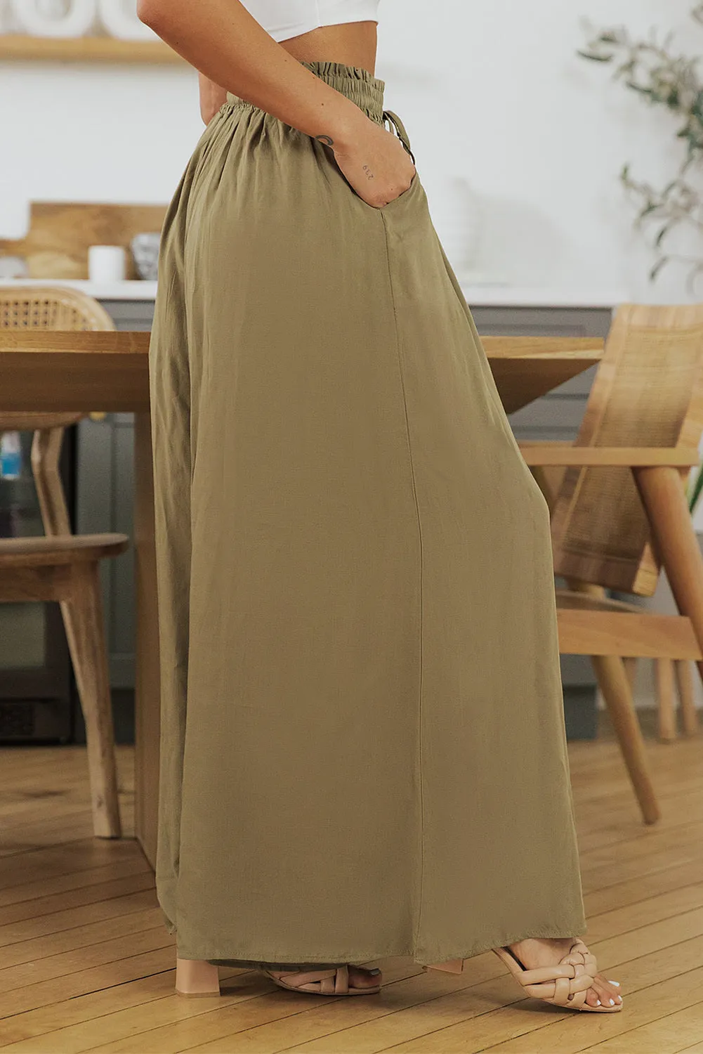 Drawstring Smocked High Waist Wide Leg Pants