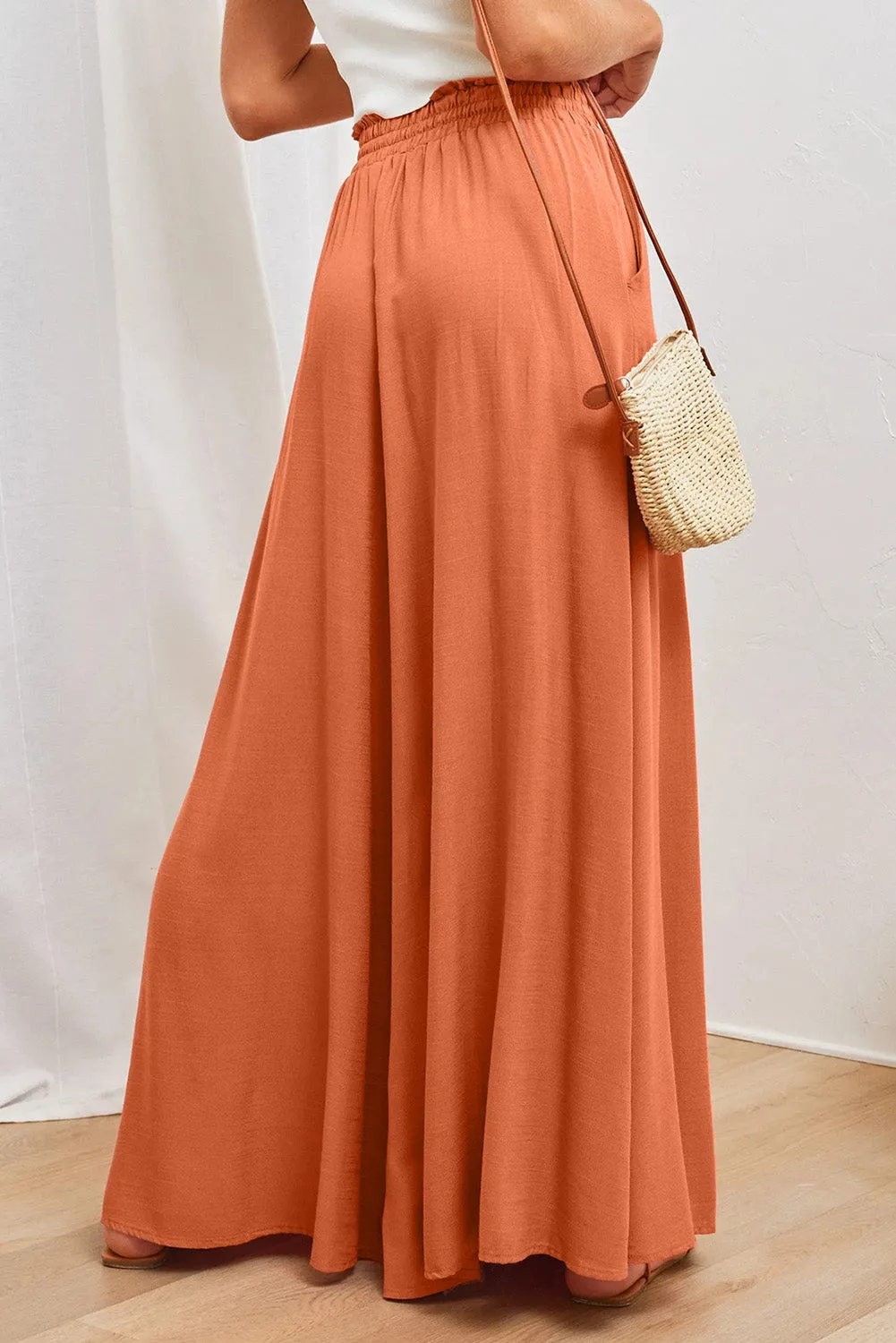 Drawstring Smocked High Waist Wide Leg Pants