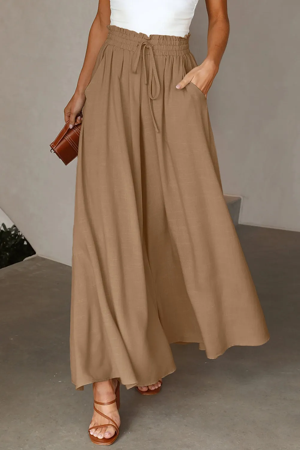 Drawstring Smocked High Waist Wide Leg Pants