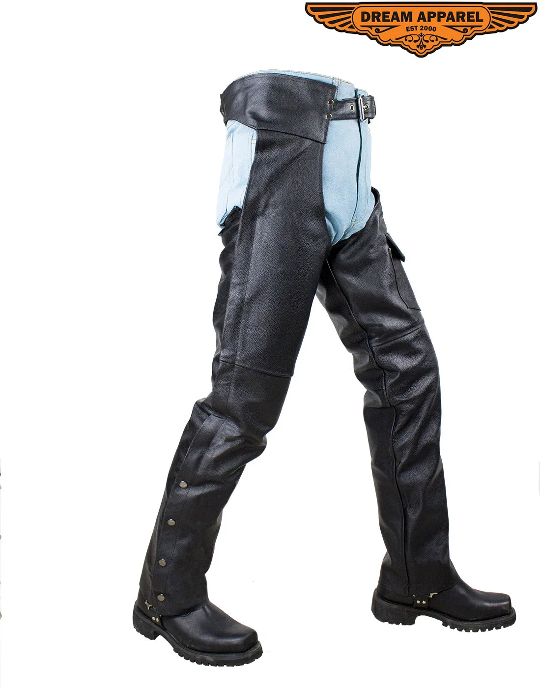 Dream Apparel Black Naked Cowhide Leather Plain Chaps With Zipout liner