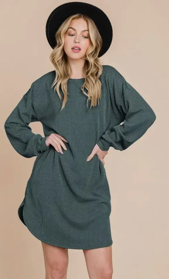 Dress - Puff Sleeve Solid MIDI With Texture, Hunter Green