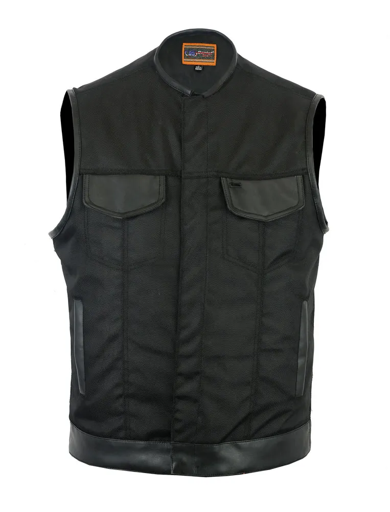 DS687 Men's Textile Leather Trim No Collar Biker Vest