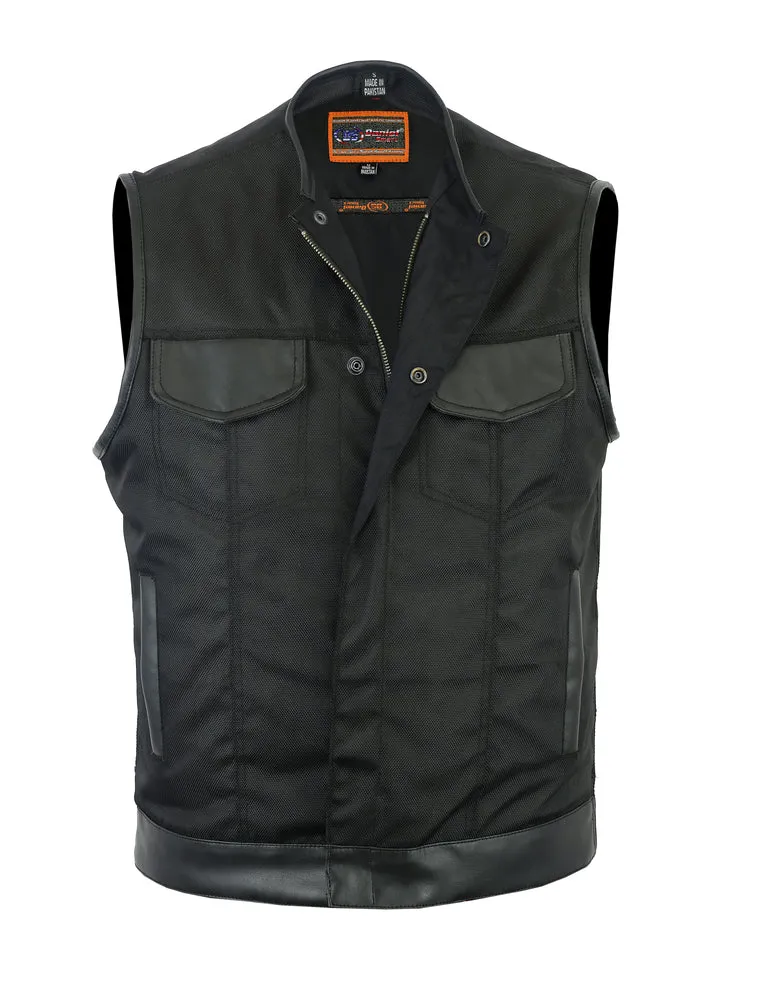 DS687 Men's Textile Leather Trim No Collar Biker Vest