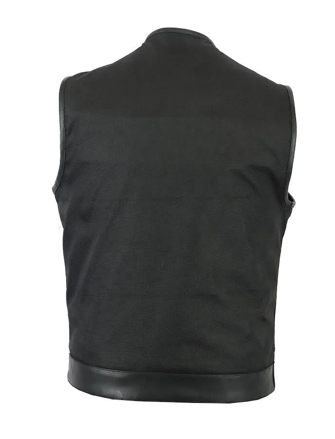 DS687 Men's Textile Leather Trim No Collar Biker Vest