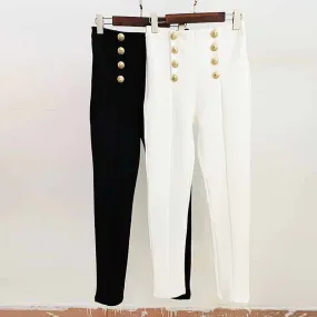 Elastic White Skinny Formal Pants Gold-tone Buttons Pencil Pants Black