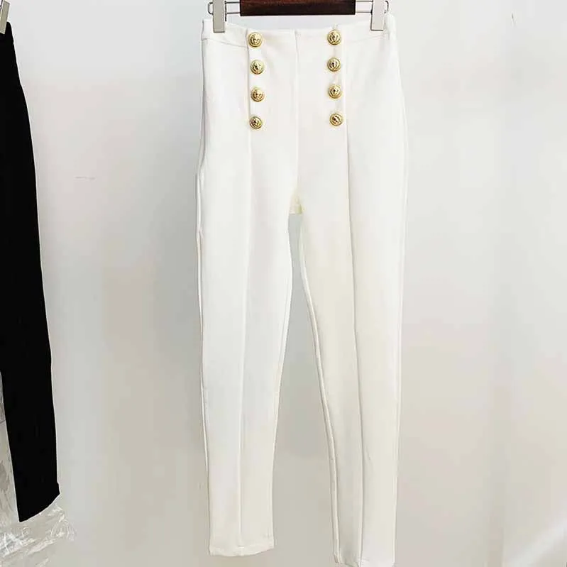 Elastic White Skinny Formal Pants Gold-tone Buttons Pencil Pants Black