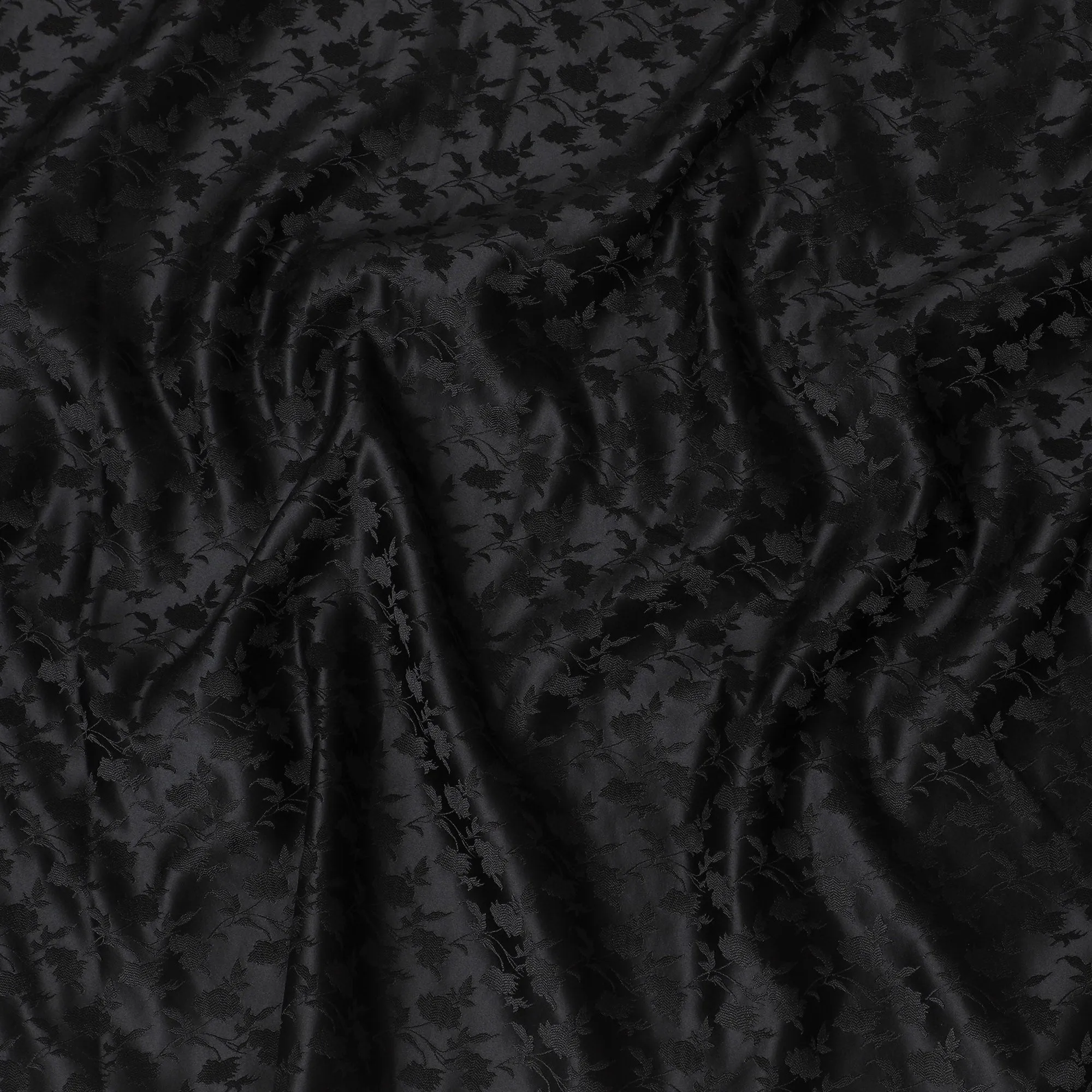 Elegant Black Synthetic Brocade Fabric with Floral Leaf Pattern â€“ 140 cm Width-D19386