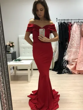 Elegant Off Shoulder Mermaid Long Red Prom, Off Shoulder Mermaid Red Formal Graduation Evening