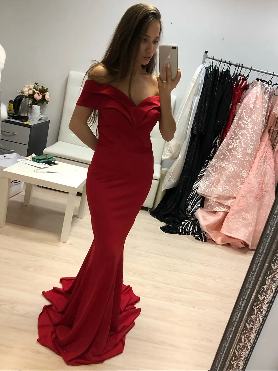 Elegant Off Shoulder Mermaid Long Red Prom, Off Shoulder Mermaid Red Formal Graduation Evening