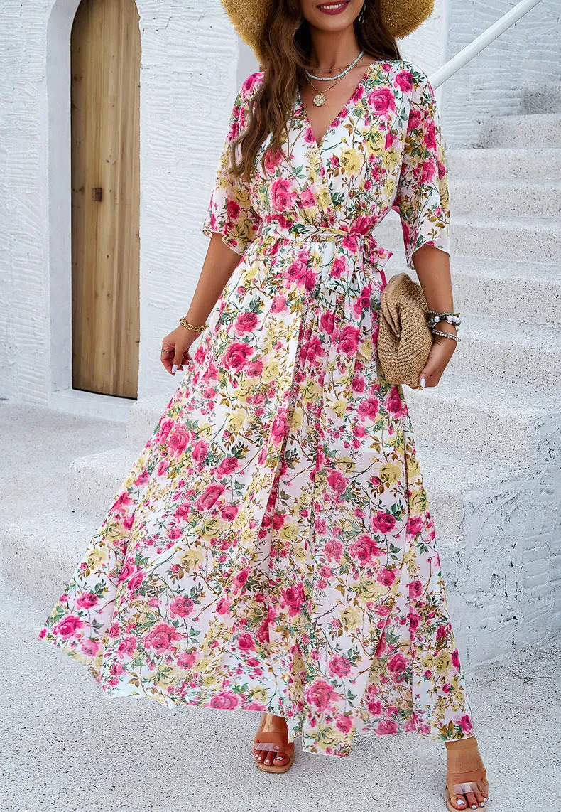 Elegant Printed Cinched Waist Maxi Dress