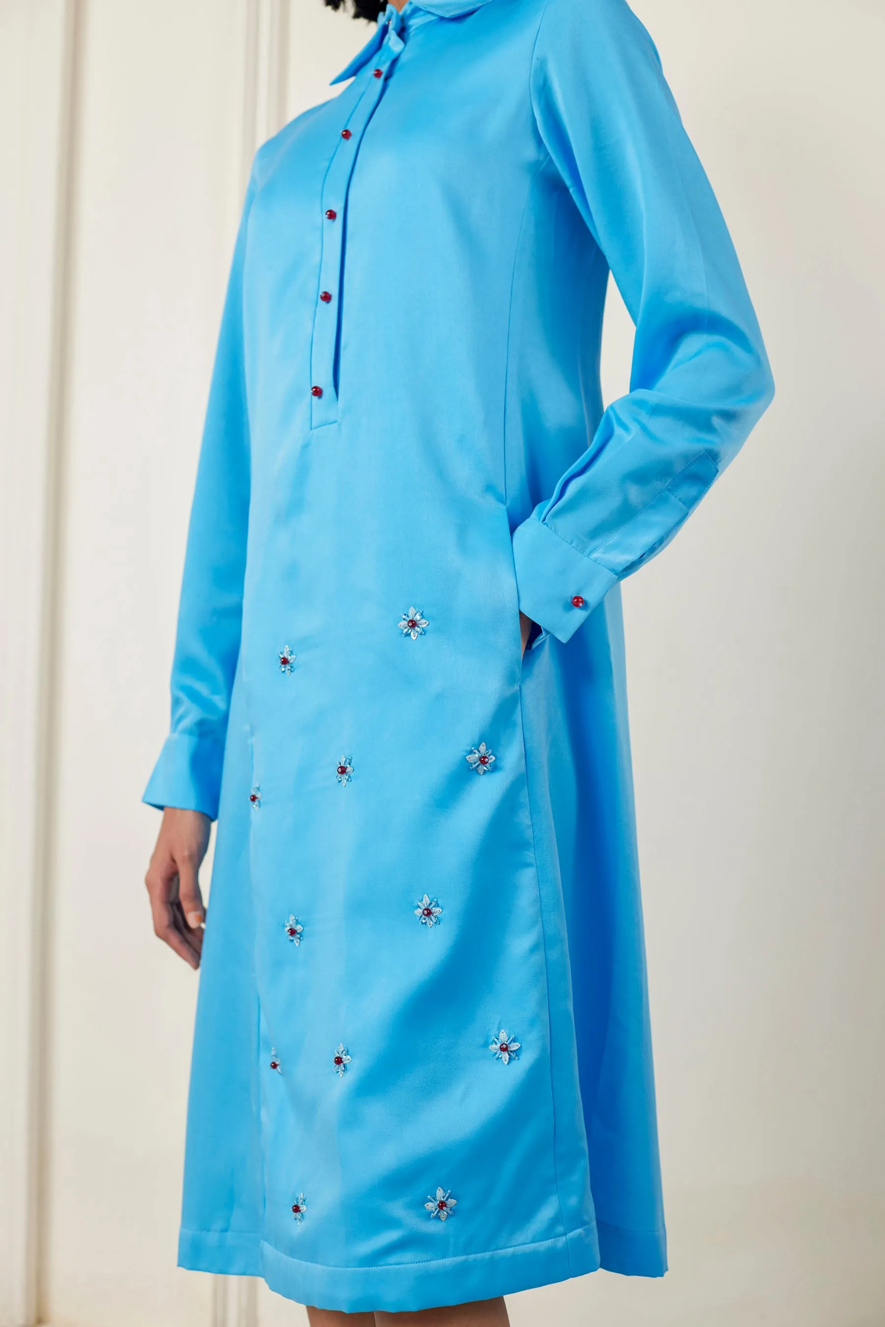 Embellished Satin Shirt Dress