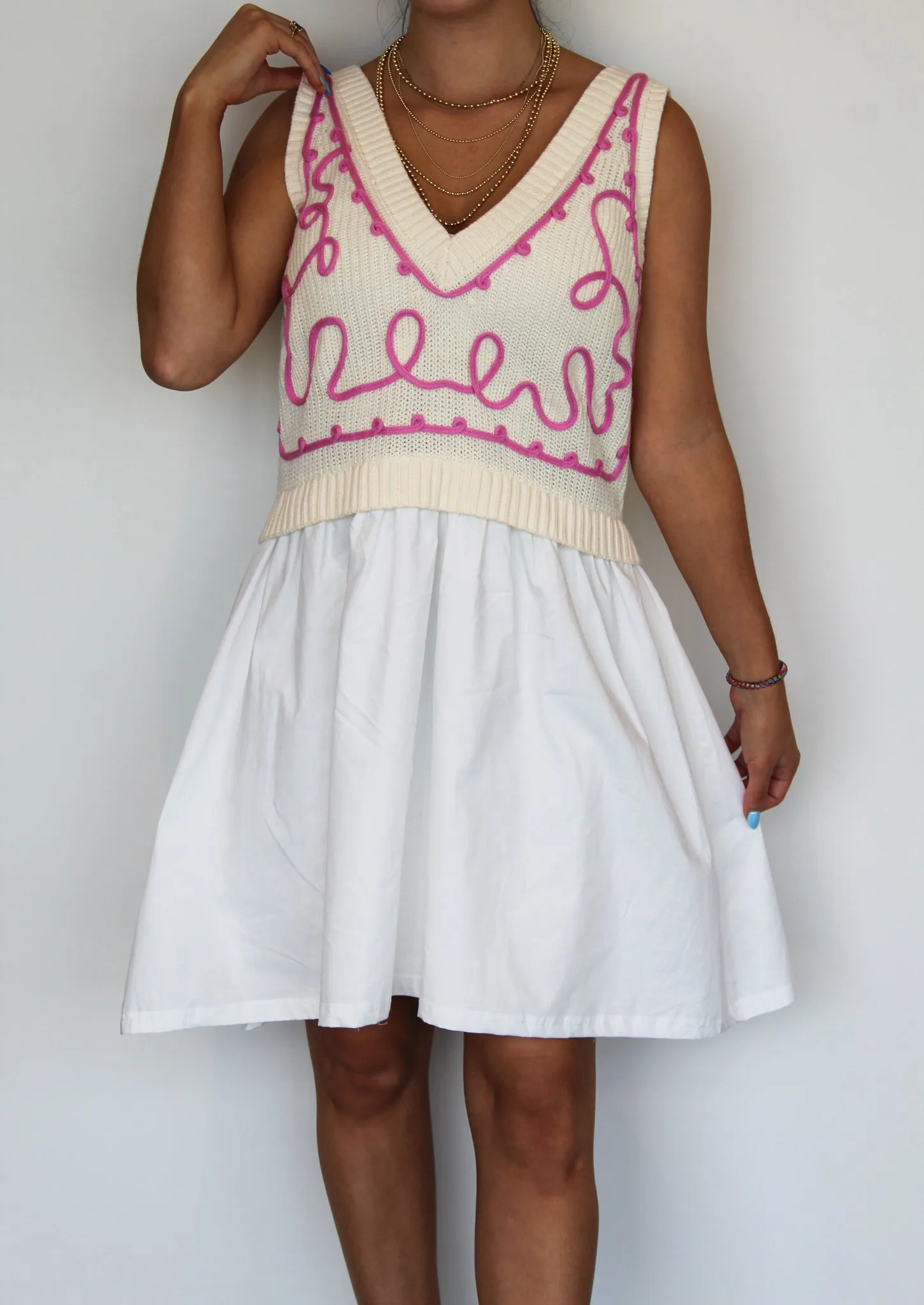 Embroidered Sleeveless Sweater Dress