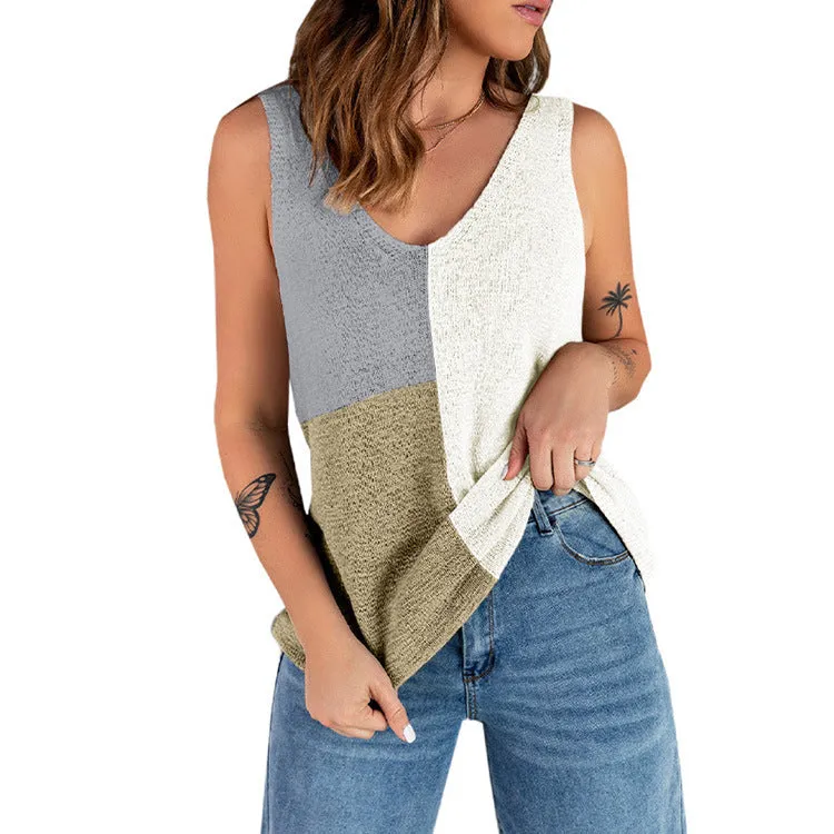 EUROPEAN AND AMERICAN WOMEN'S SMALL TANK TOP PATCHWORK CONTRASTING COLOR KNITTED LOOSE CASUAL CAMISOLE FOR WOMEN