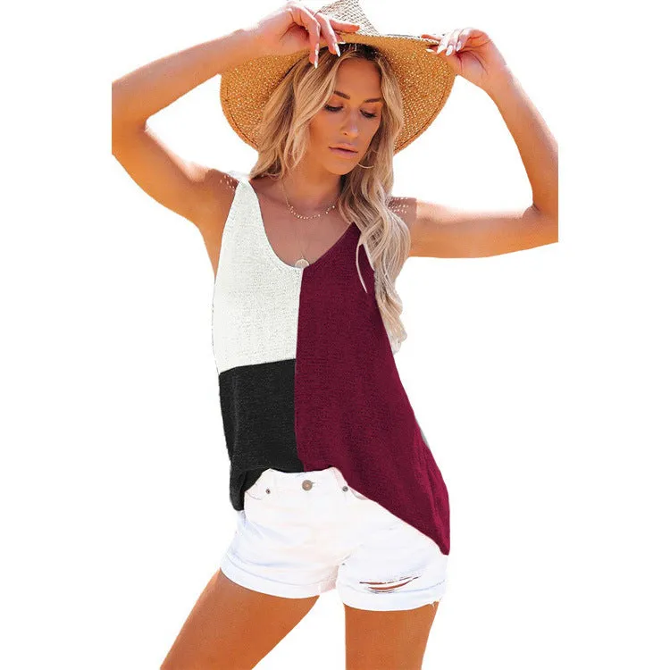 EUROPEAN AND AMERICAN WOMEN'S SMALL TANK TOP PATCHWORK CONTRASTING COLOR KNITTED LOOSE CASUAL CAMISOLE FOR WOMEN