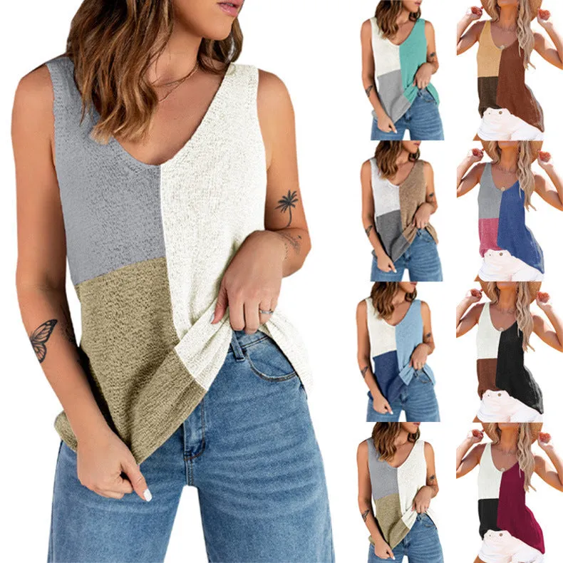 EUROPEAN AND AMERICAN WOMEN'S SMALL TANK TOP PATCHWORK CONTRASTING COLOR KNITTED LOOSE CASUAL CAMISOLE FOR WOMEN