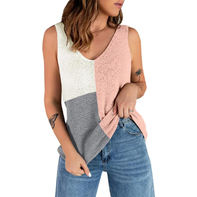 EUROPEAN AND AMERICAN WOMEN'S SMALL TANK TOP PATCHWORK CONTRASTING COLOR KNITTED LOOSE CASUAL CAMISOLE FOR WOMEN