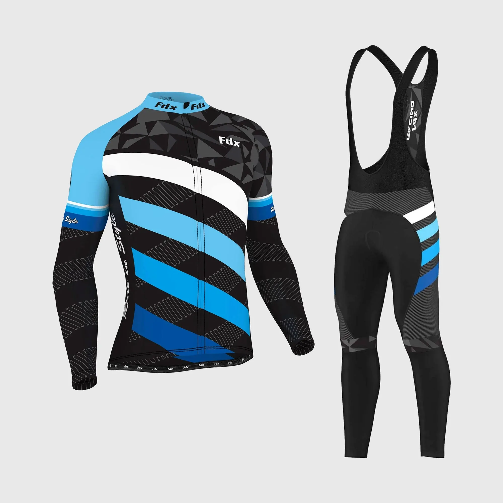 Fdx Men's & Boy's Set Equin Thermal Roubaix Long Sleeve Cycling Jersey & Bib Tights - Blue