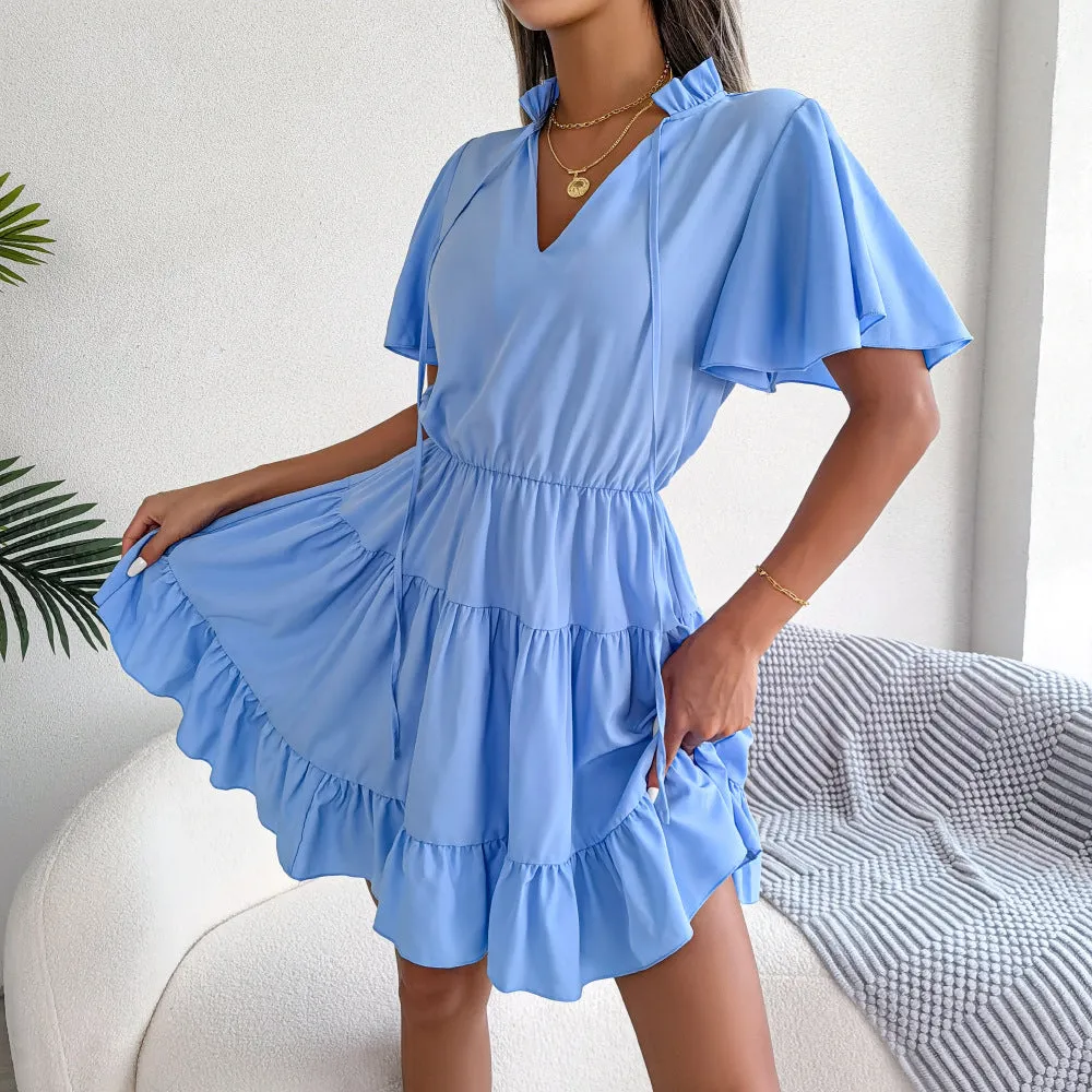 Female Flounced Skirt Ribbon Big Hem A- Line Skirt Solid Color Dress