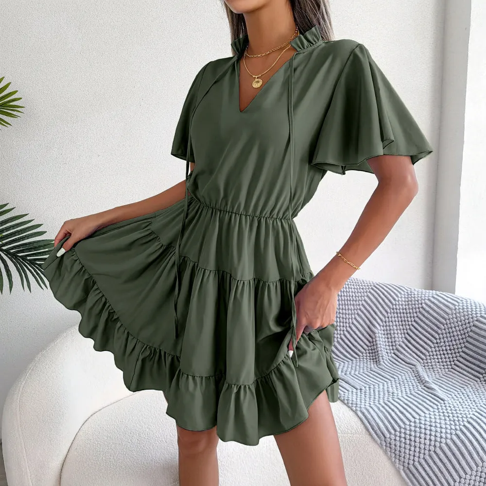 Female Flounced Skirt Ribbon Big Hem A- Line Skirt Solid Color Dress