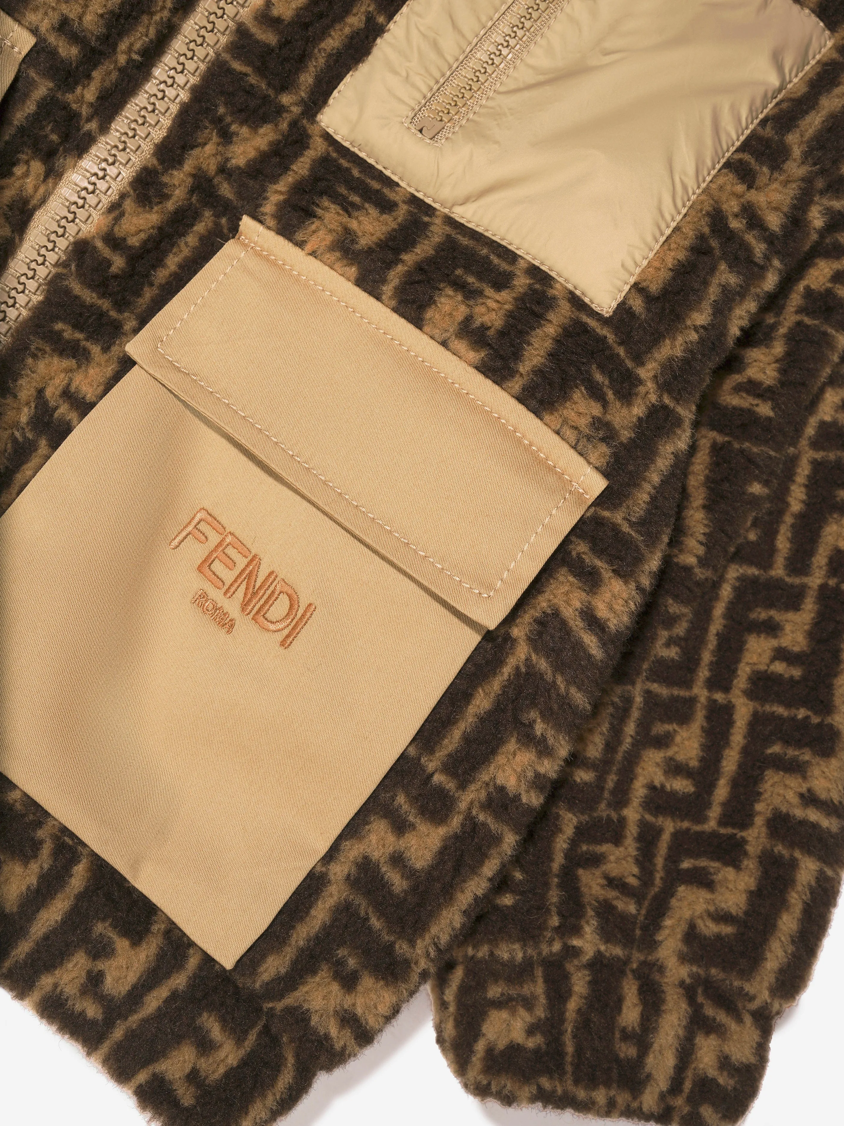 Fendi Kids FF Logo Sherpa Jacket in Brown