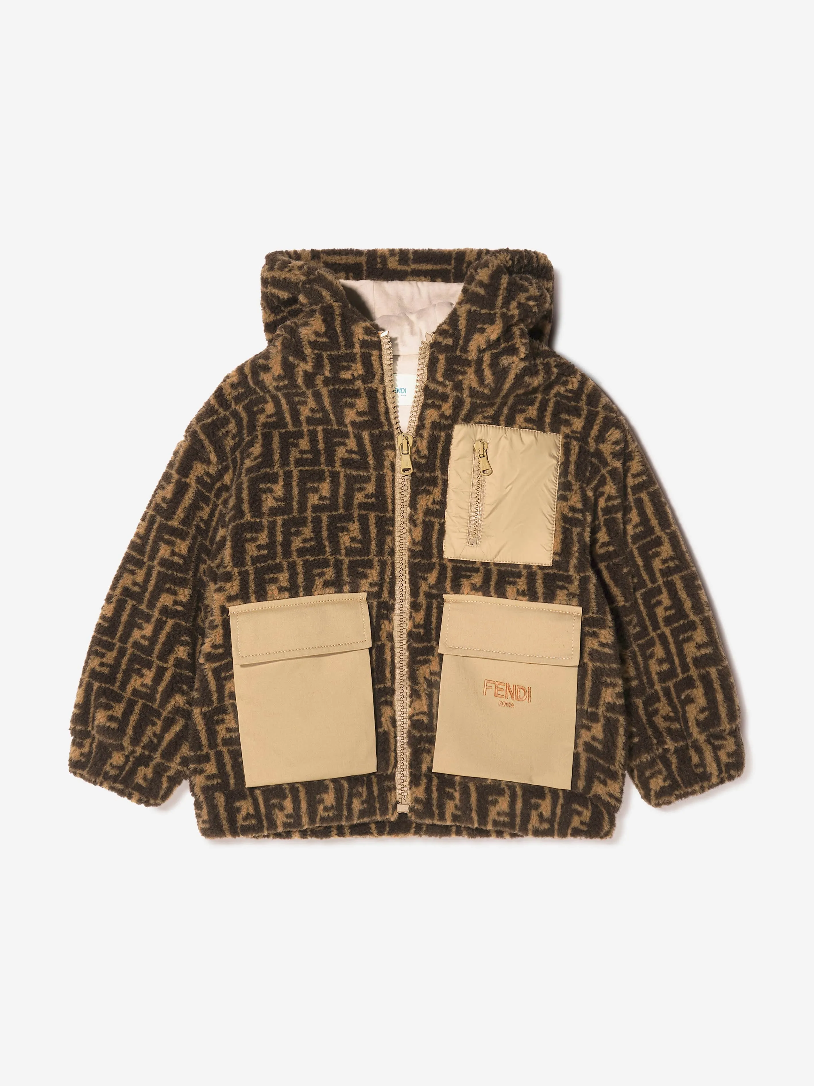 Fendi Kids FF Logo Sherpa Jacket in Brown