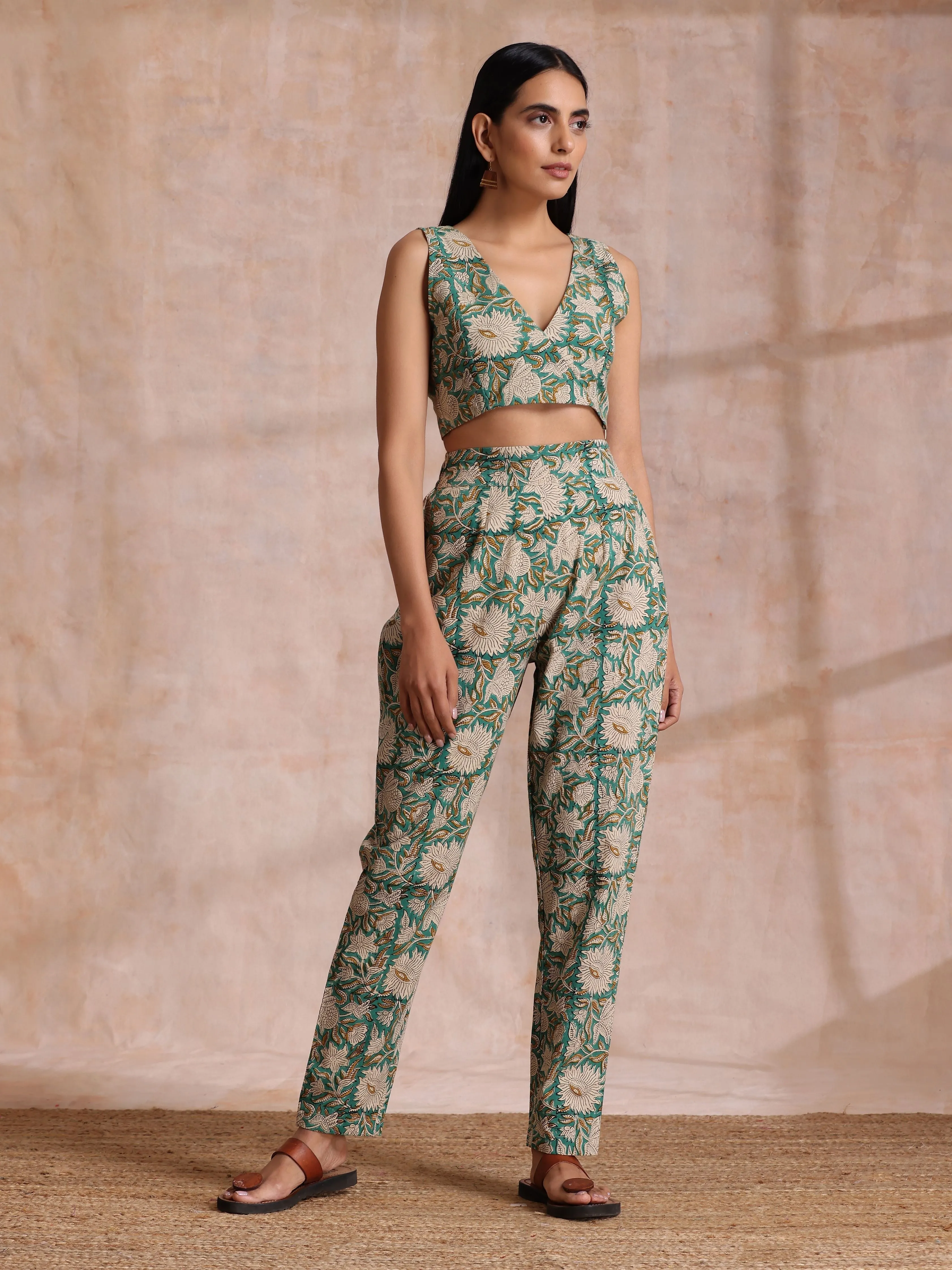 Fern Green Overall Floral Block Print Cotton Pant Suit Set