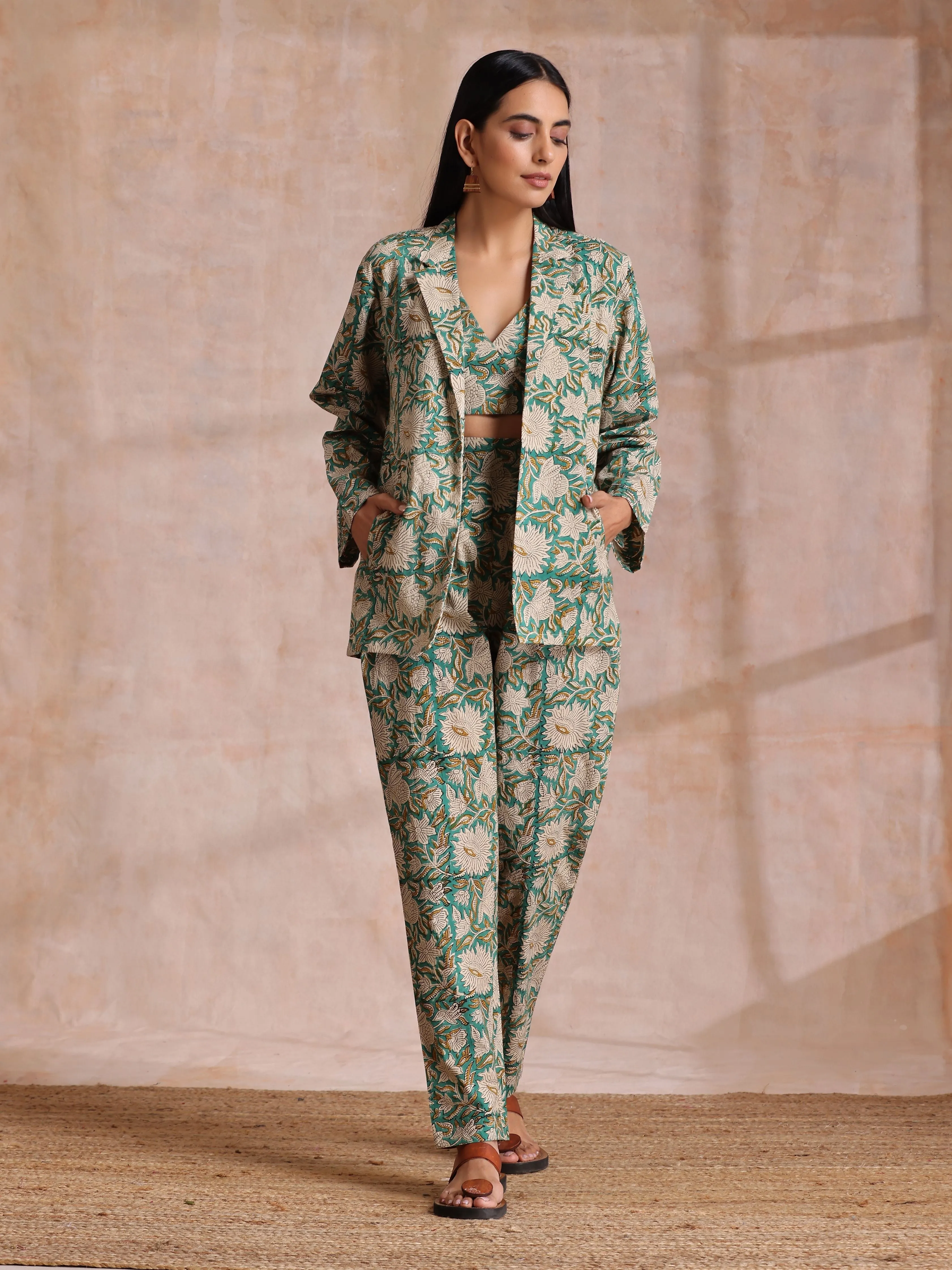 Fern Green Overall Floral Block Print Cotton Pant Suit Set