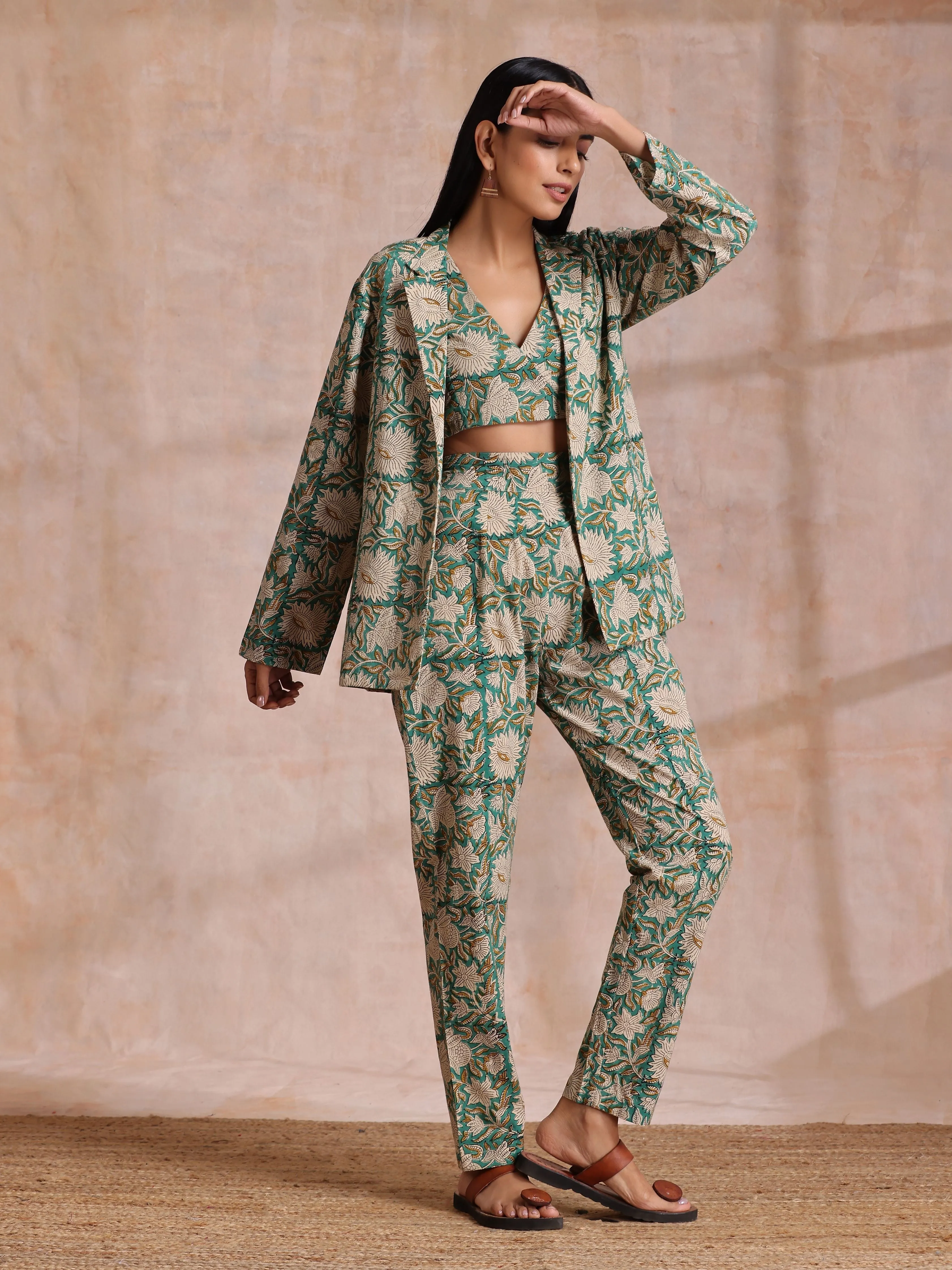 Fern Green Overall Floral Block Print Cotton Pant Suit Set