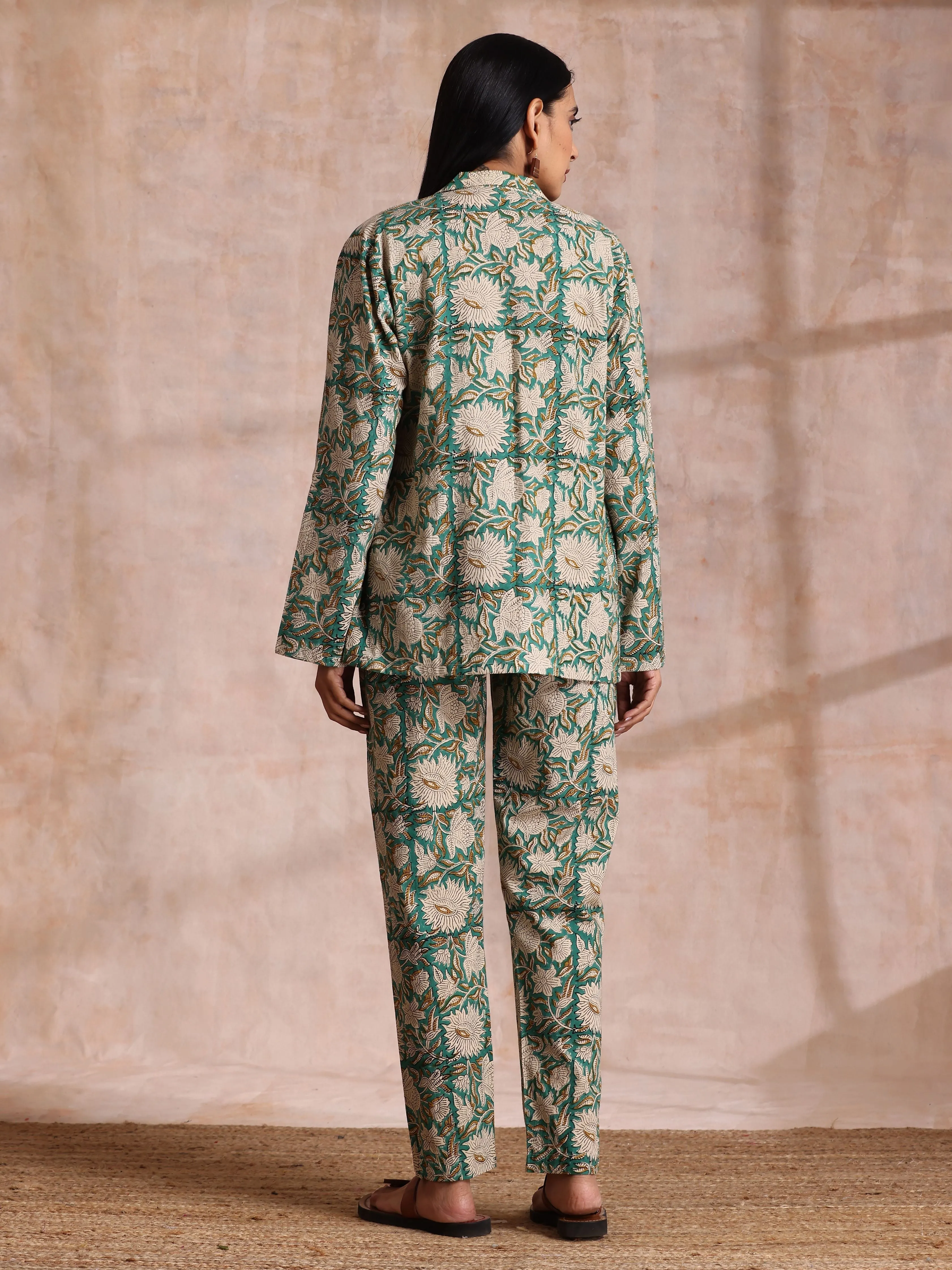 Fern Green Overall Floral Block Print Cotton Pant Suit Set