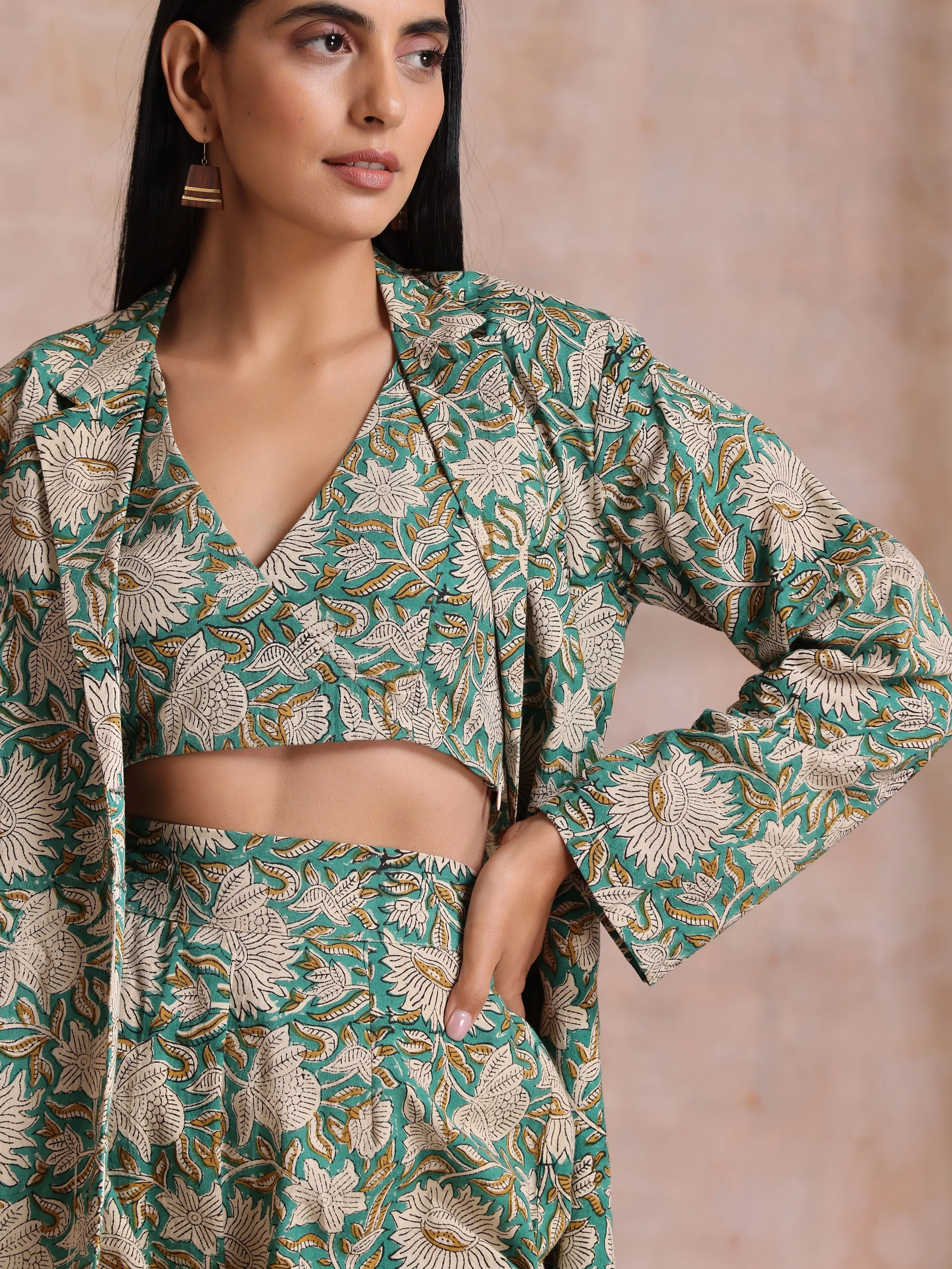 Fern Green Overall Floral Block Print Cotton Pant Suit Set