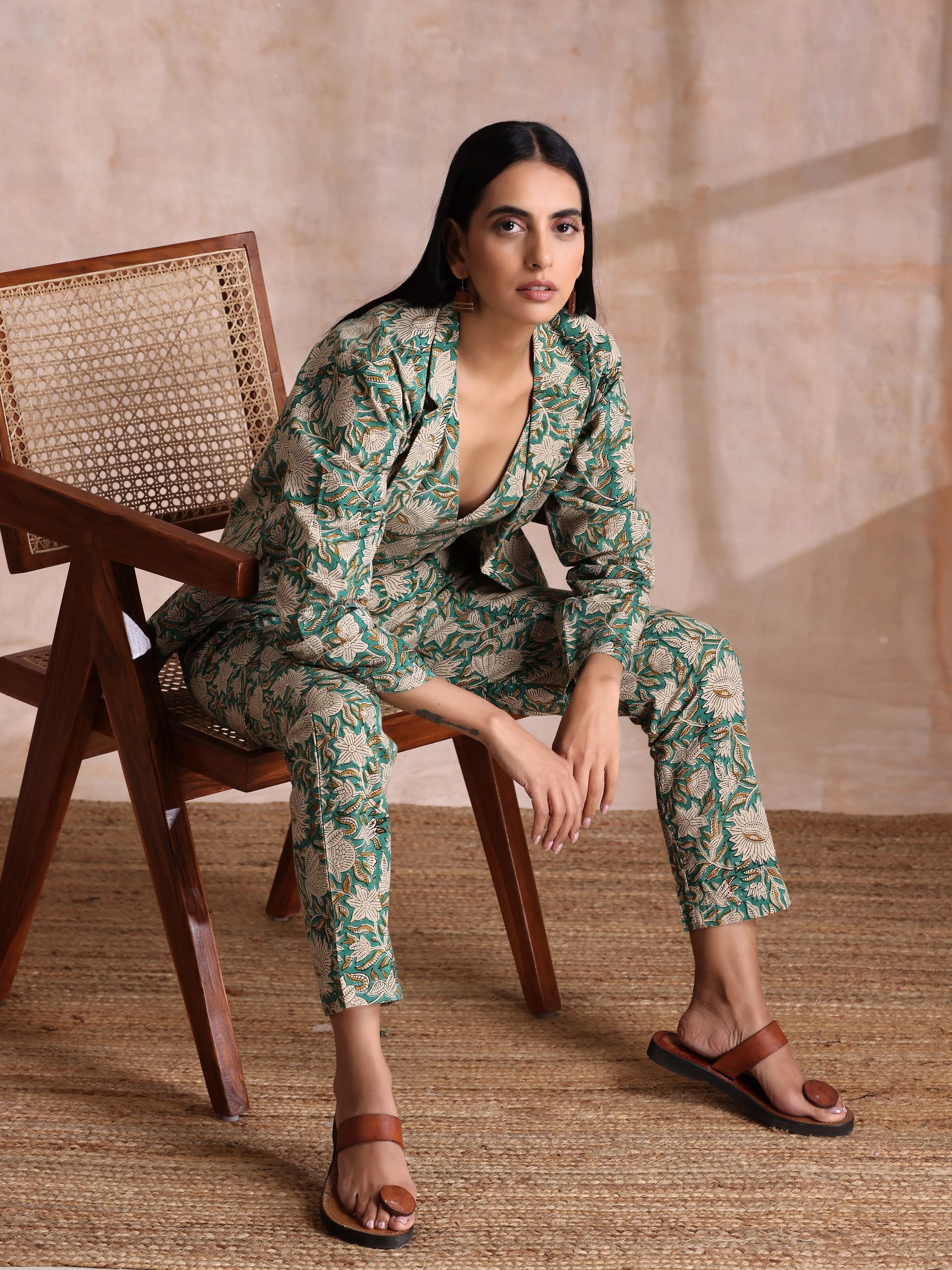 Fern Green Overall Floral Block Print Cotton Pant Suit Set