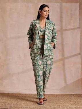 Fern Green Overall Floral Block Print Cotton Pant Suit Set