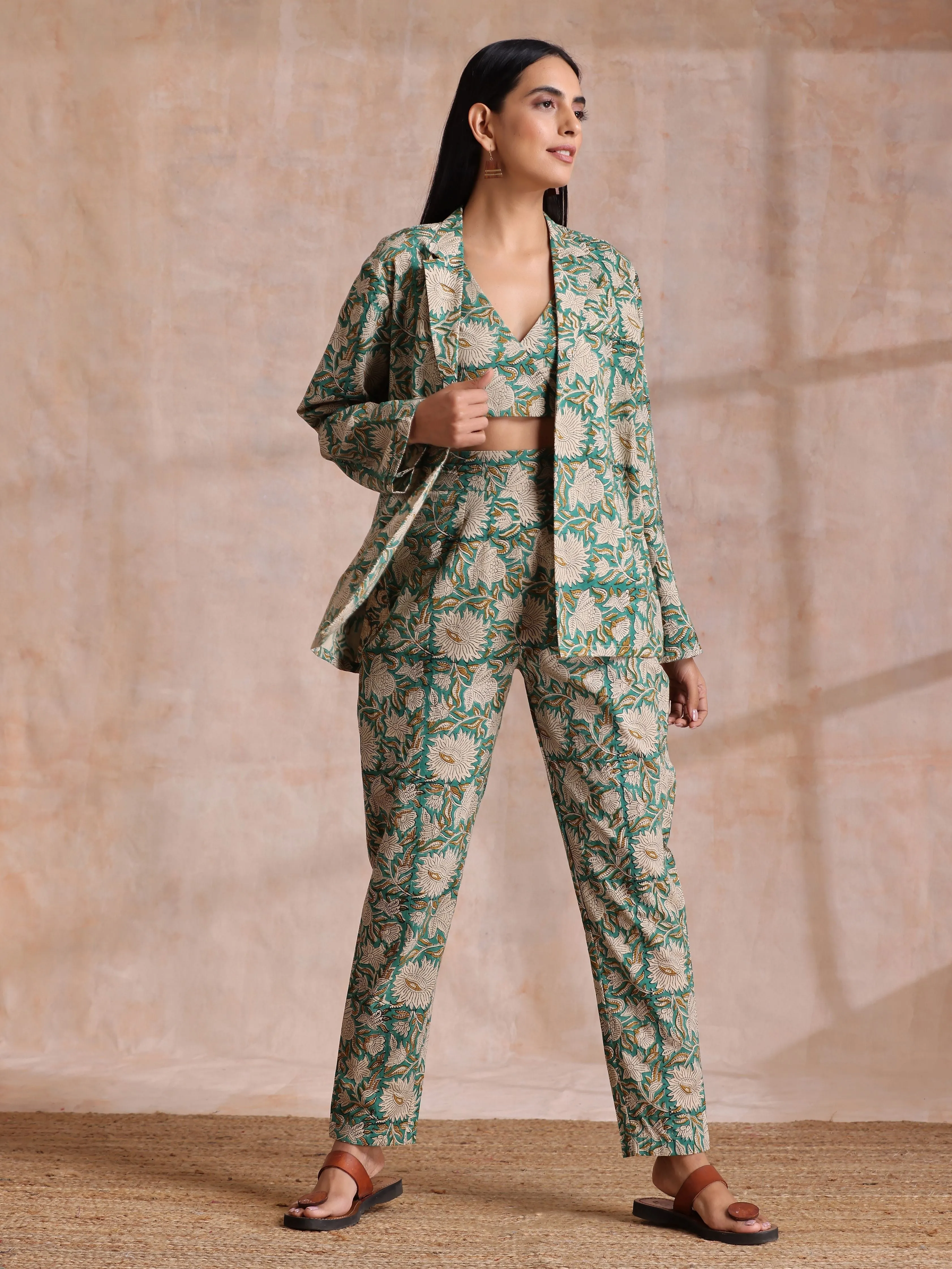 Fern Green Overall Floral Block Print Cotton Pant Suit Set