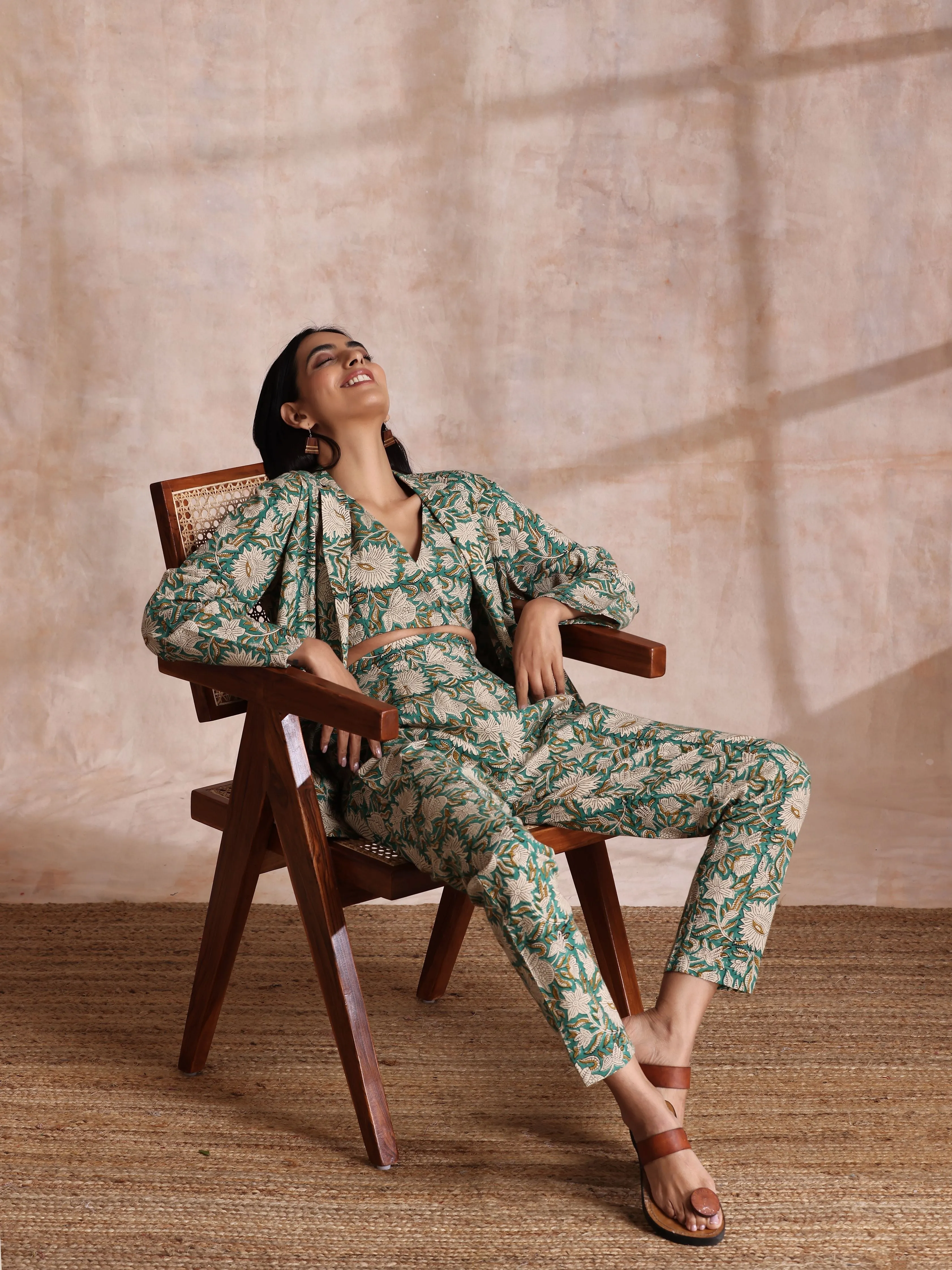 Fern Green Overall Floral Block Print Cotton Pant Suit Set