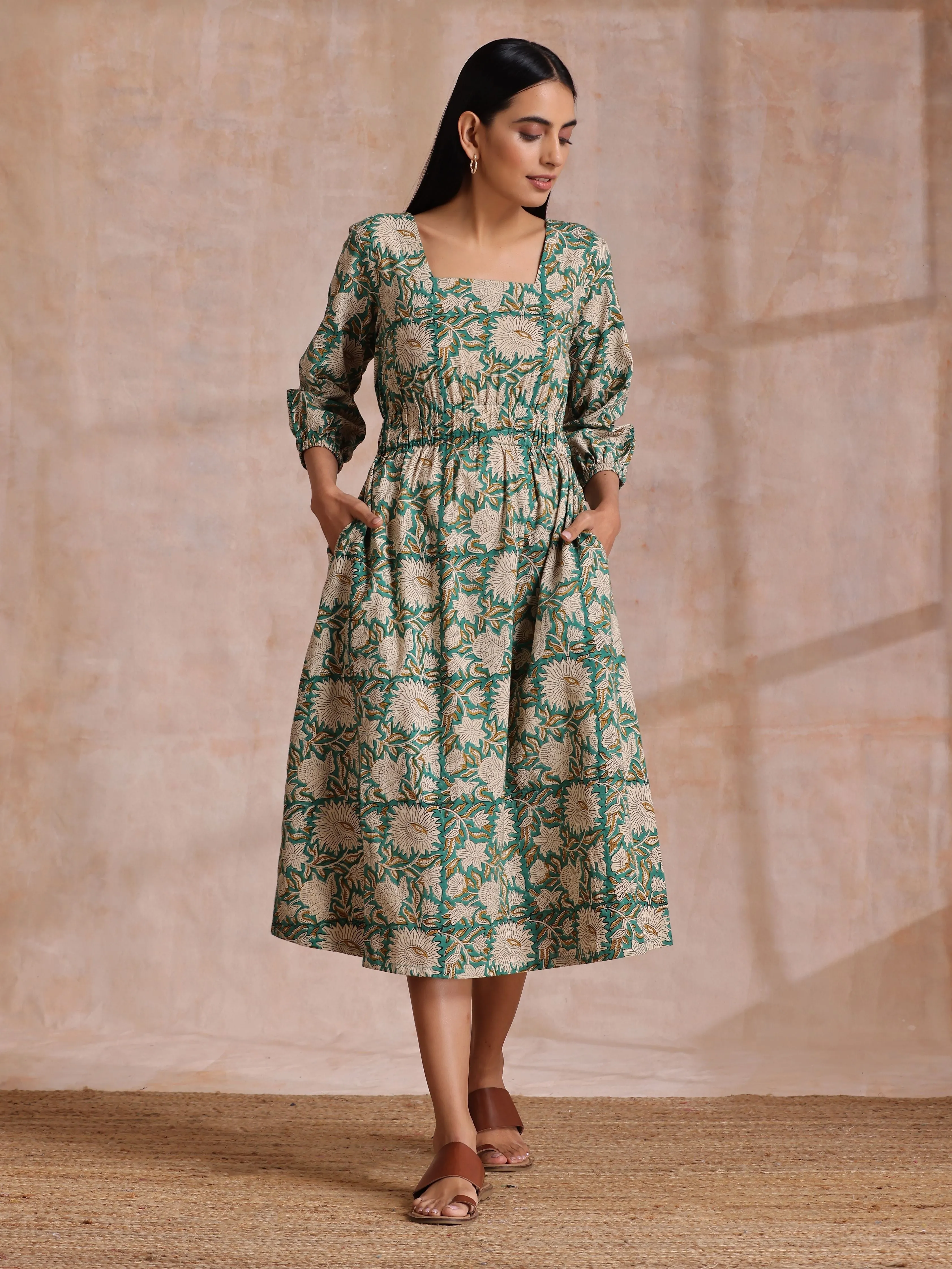 Fern Green Overall Floral Block Print Cotton Square Neck Dress