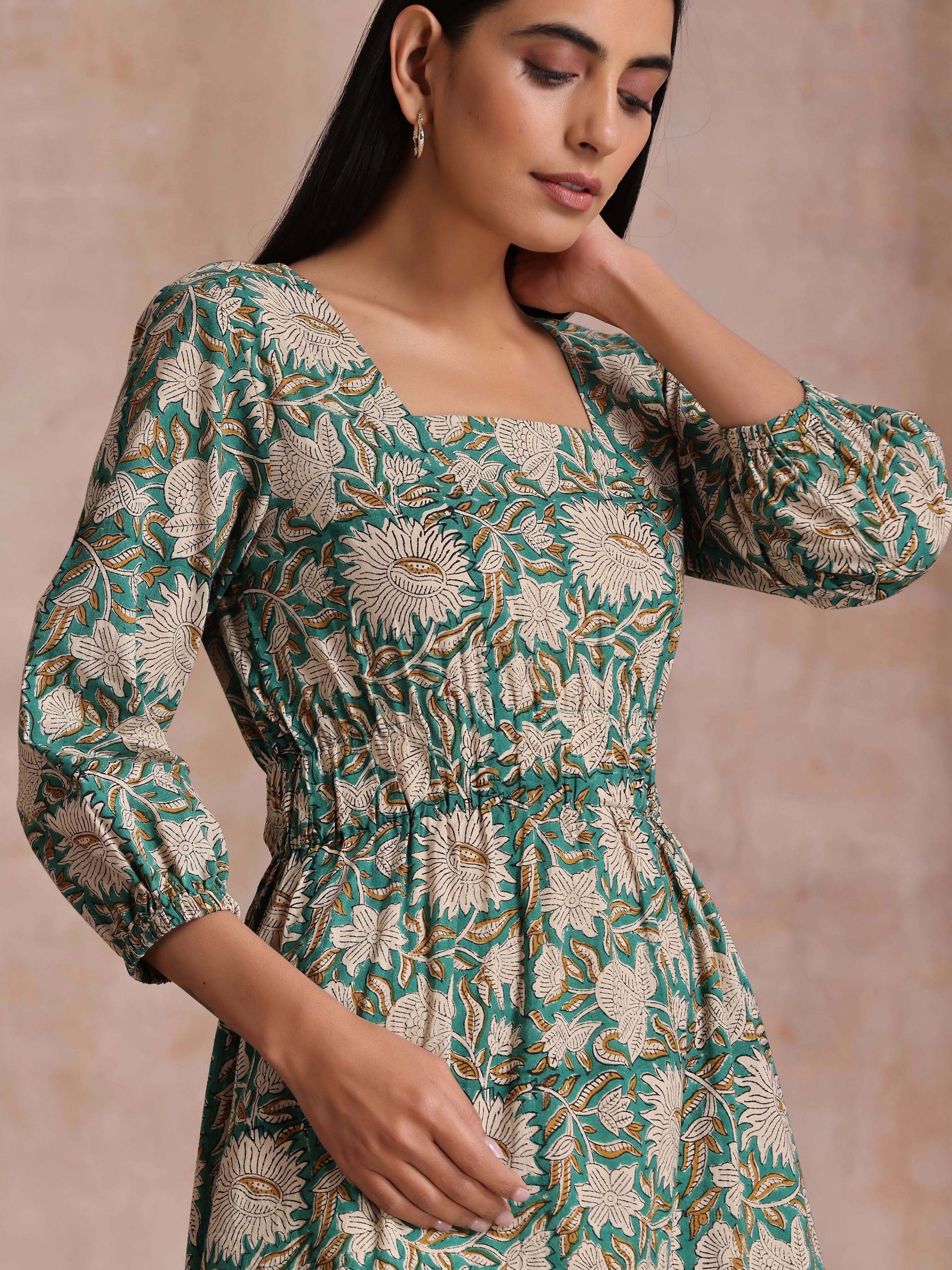 Fern Green Overall Floral Block Print Cotton Square Neck Dress