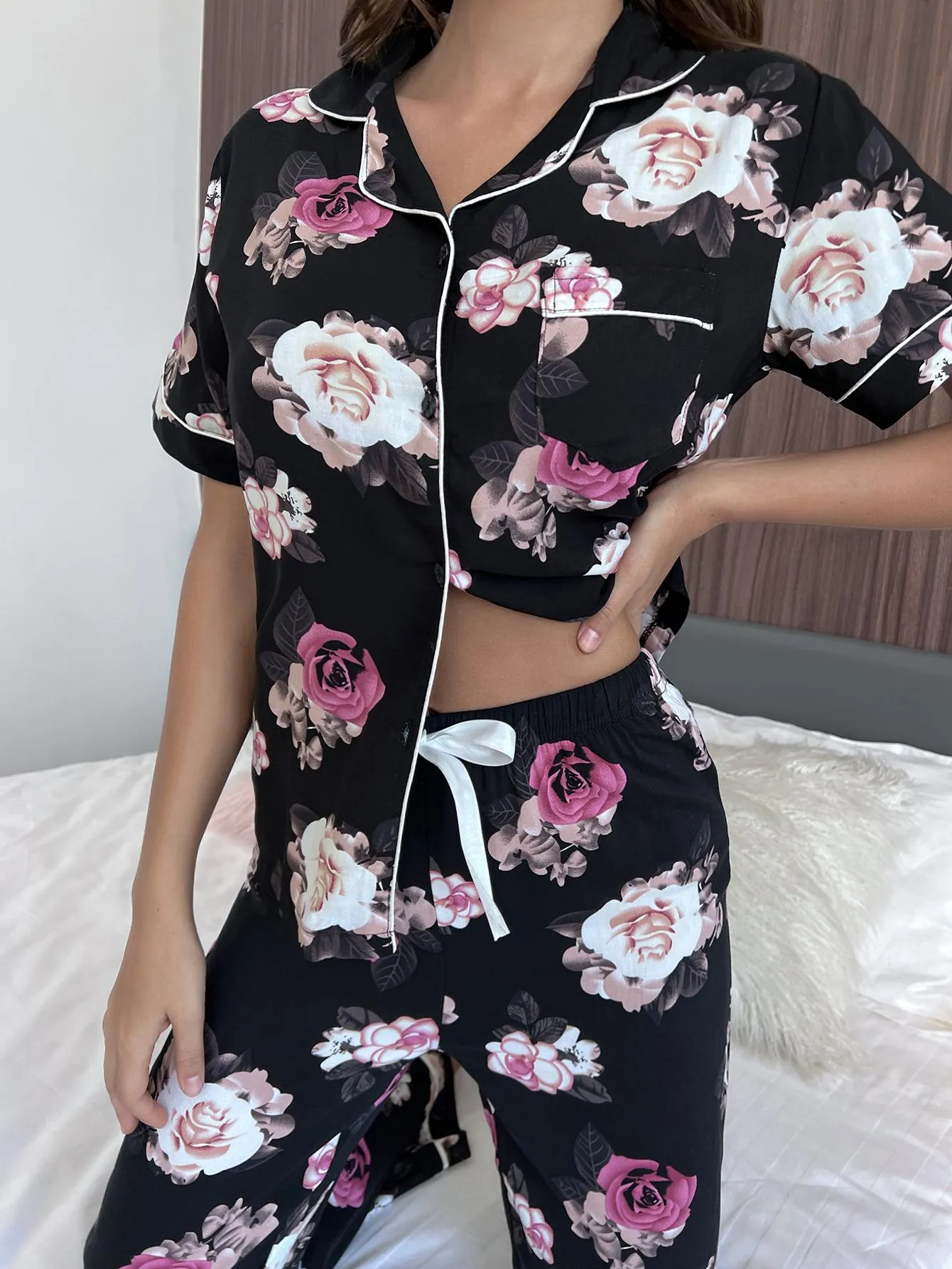 Floral Short Sleeve Shirt and Pants Lounge Set