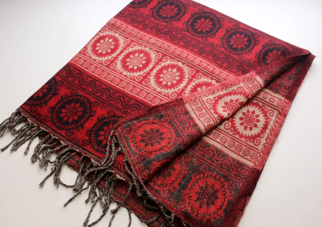 Flower Mandala Hand Loomed Red Yak Wool Shawl