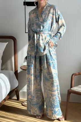 French Printed Tie-waist Shirt Long Pants Set