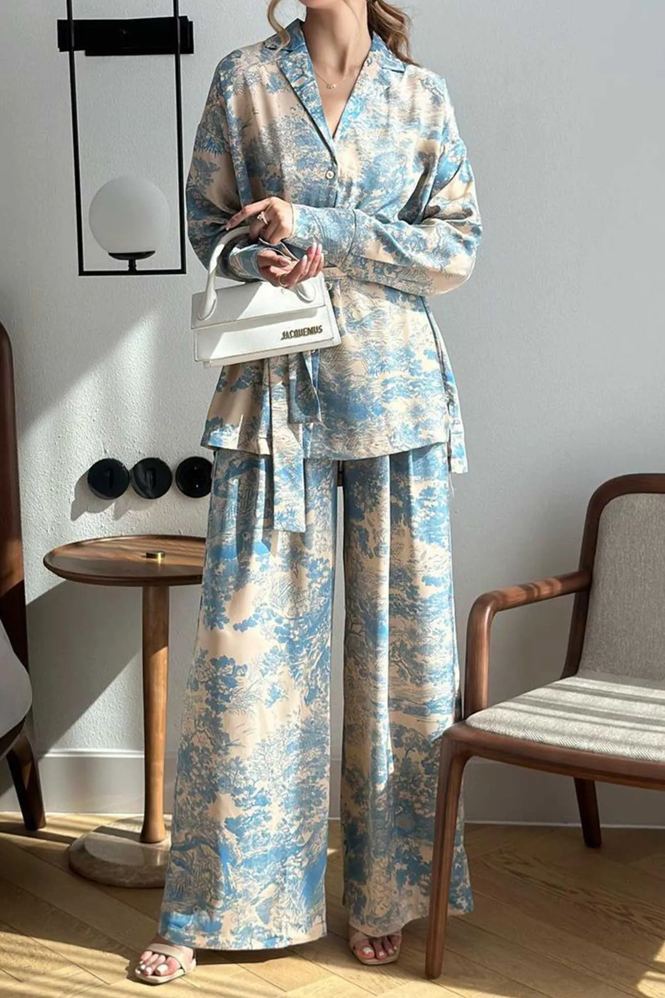 French Printed Tie-waist Shirt Long Pants Set