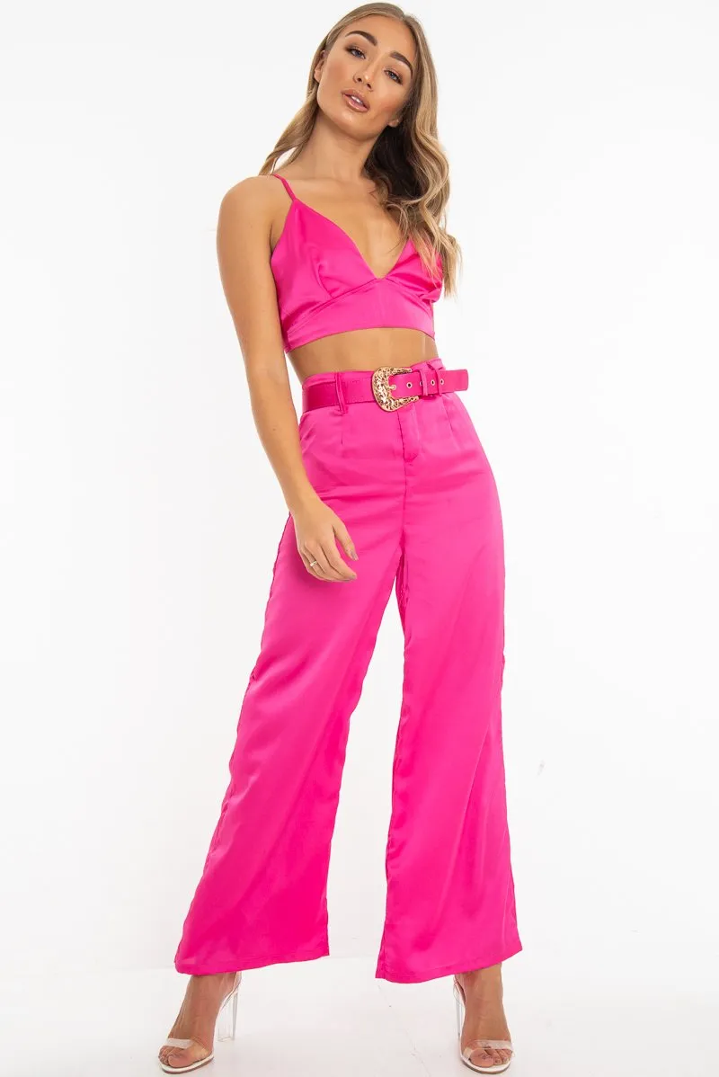 Fuchsia Satin Plunge Bralet Belted Trousers Co-Ord - Paola