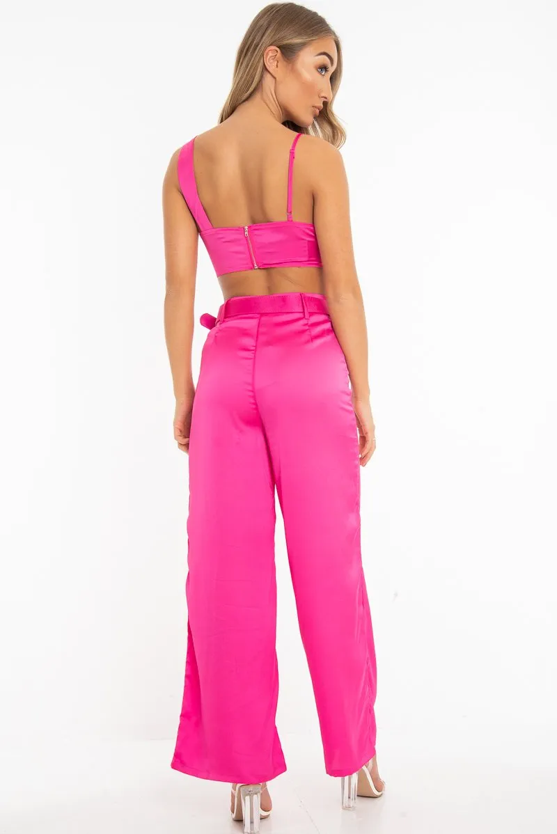 Fuchsia Satin Plunge Bralet Belted Trousers Co-Ord - Paola