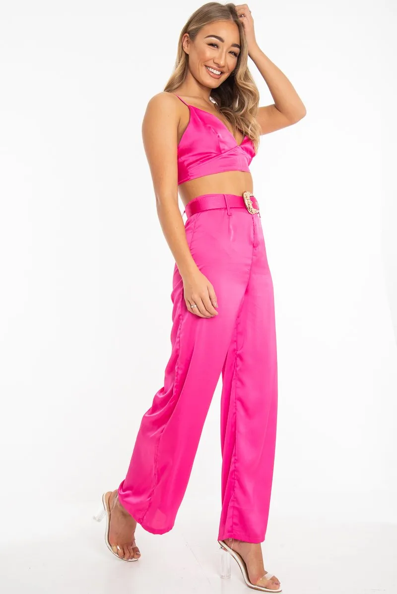 Fuchsia Satin Plunge Bralet Belted Trousers Co-Ord - Paola