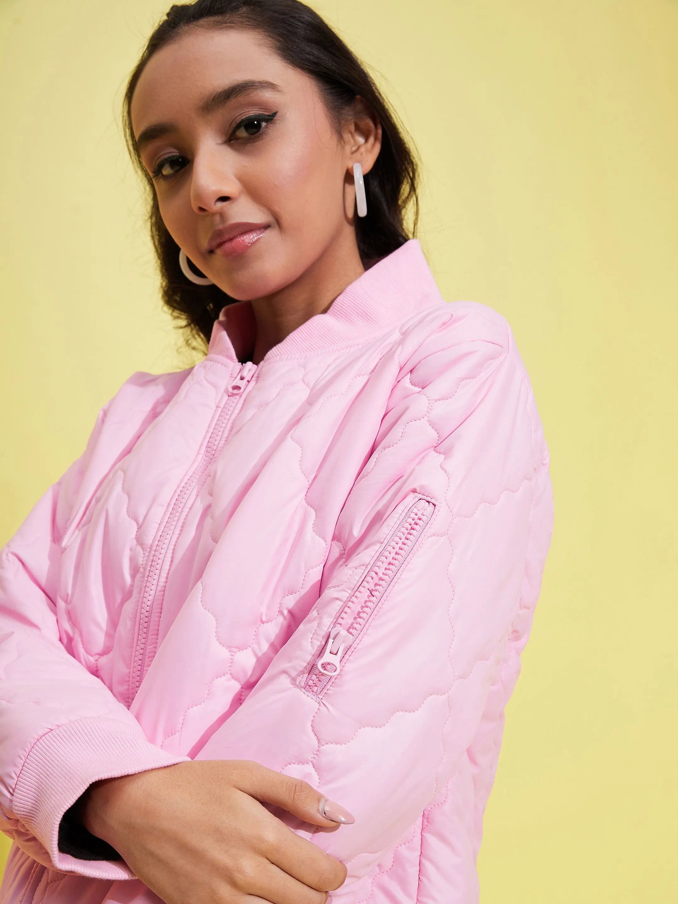 Girls Pink Quilted Bomber Jacket