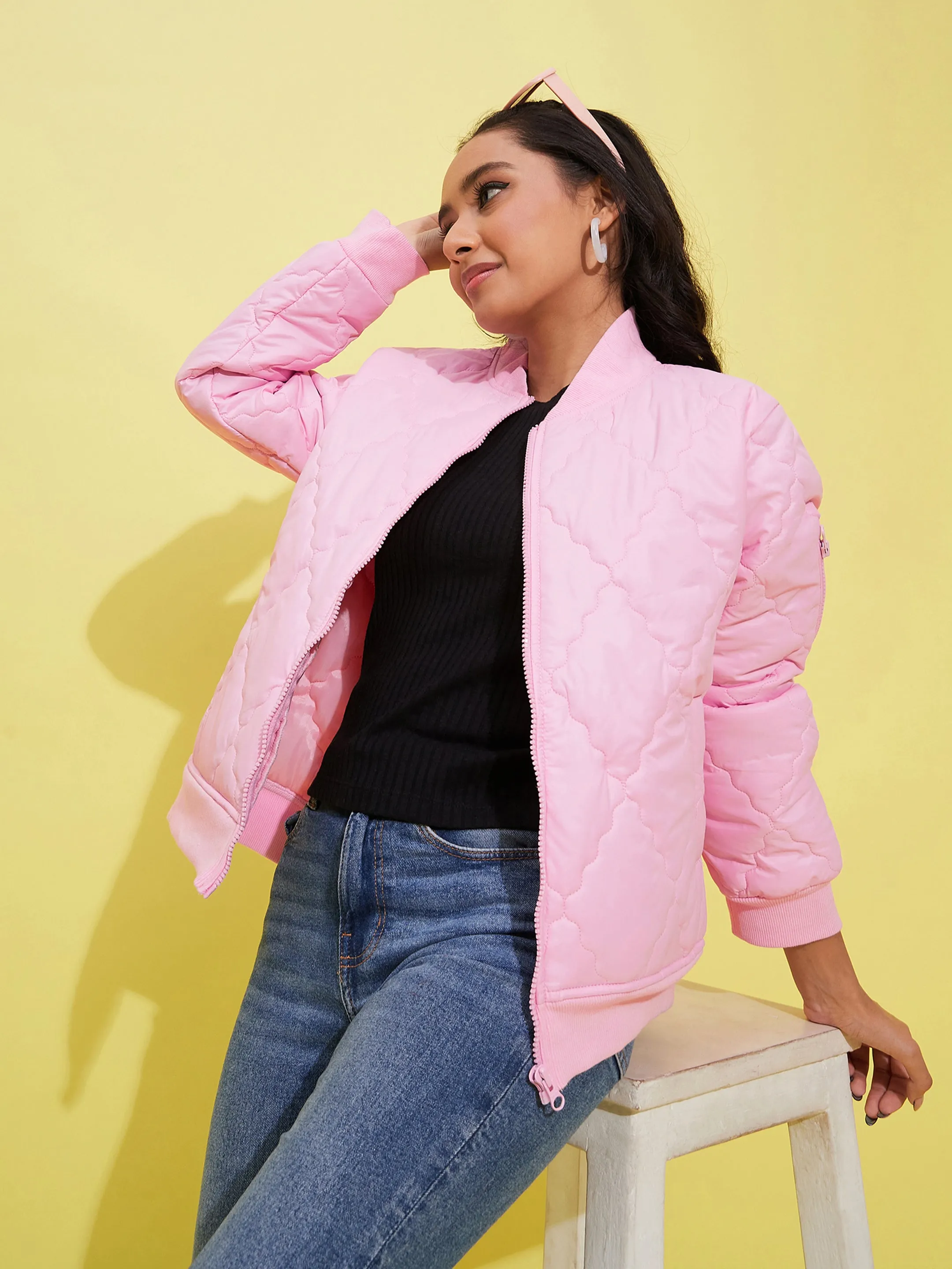 Girls Pink Quilted Bomber Jacket