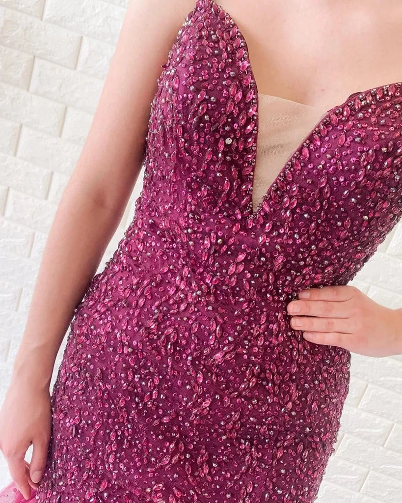 Gorgeous Mermaid V Neck Backless Beaded Purple Prom, V Neck Mermaid Purple Formal, Mermaid Purple Evening