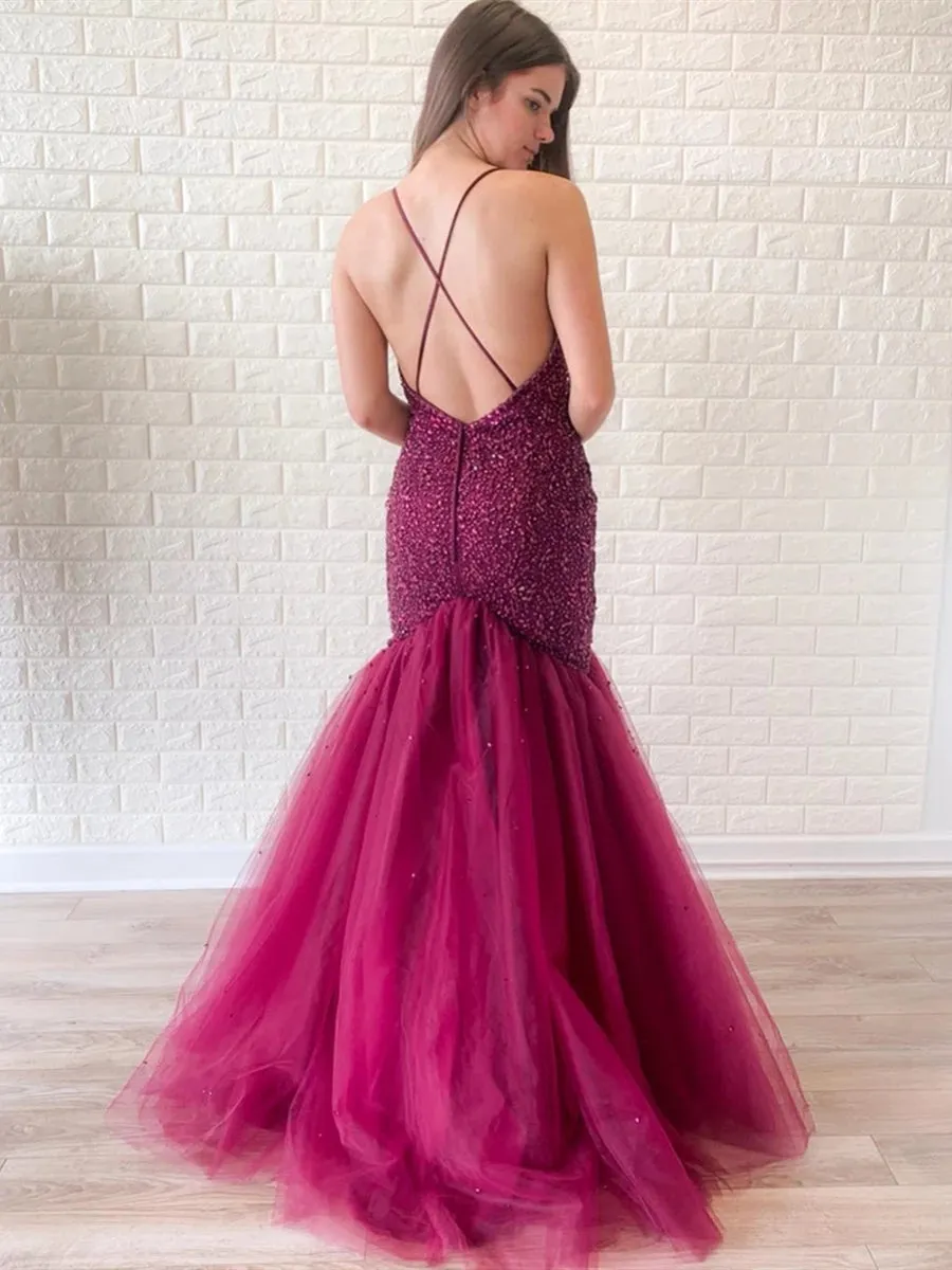 Gorgeous Mermaid V Neck Backless Beaded Purple Prom, V Neck Mermaid Purple Formal, Mermaid Purple Evening