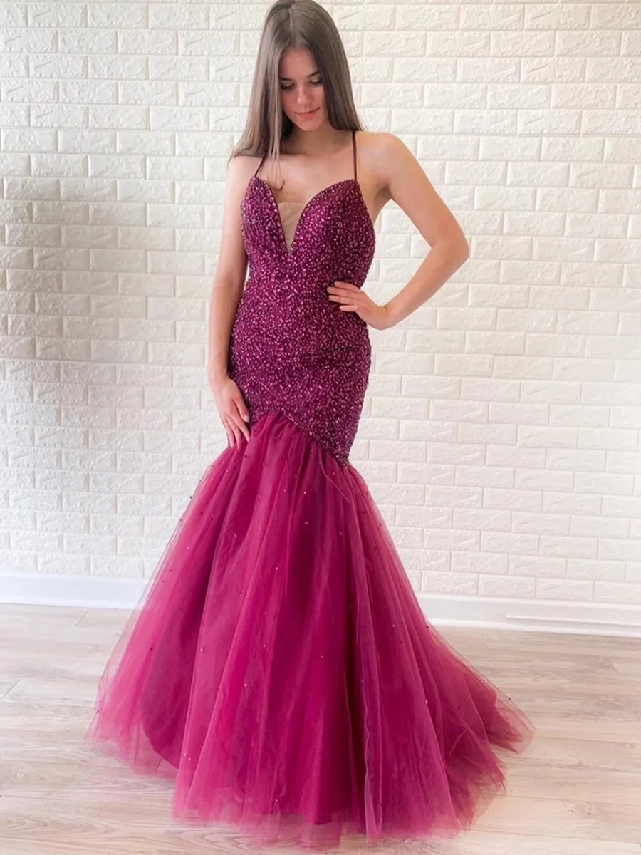 Gorgeous Mermaid V Neck Backless Beaded Purple Prom, V Neck Mermaid Purple Formal, Mermaid Purple Evening