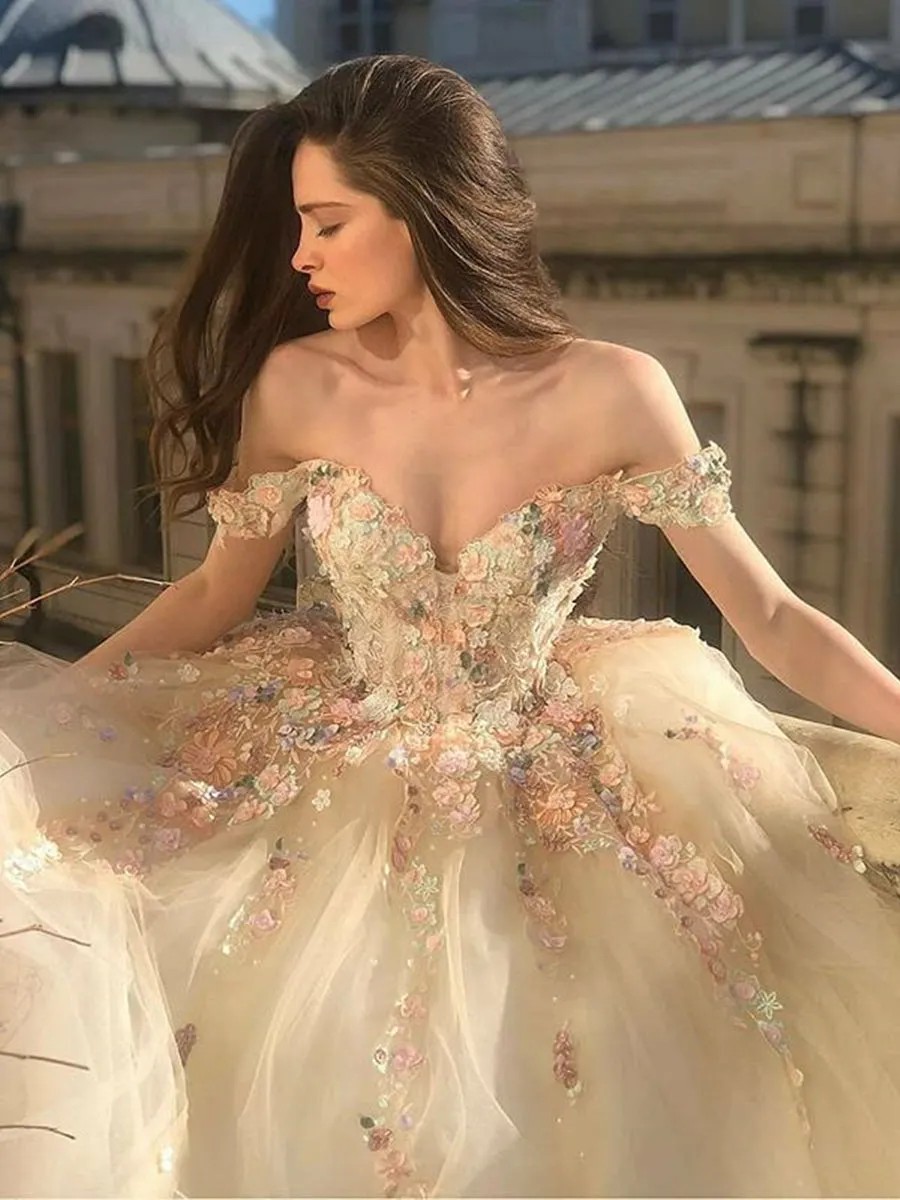 Gorgeous Off Shoulder Long Champagne Lace Floral Prom, Off Shoulder Champagne Formal, Floral Evening